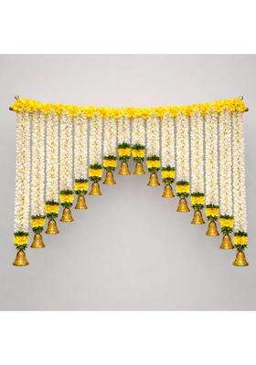 Artificial Flower Toran Door Hanging with Golden Bells White Mogra and Yellow Marigold Garland Pack of 1