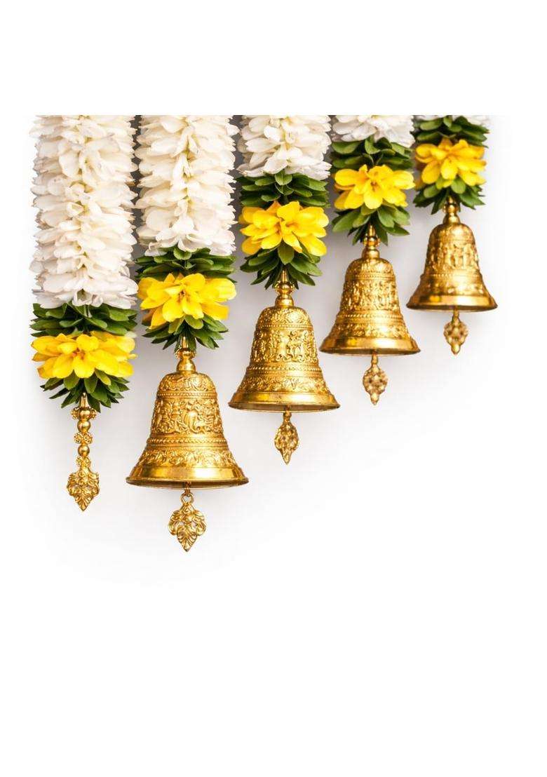 Artificial Flower Toran Door Hanging with Golden Bells White Mogra and Yellow Marigold Garland Pack of 1 - Indya