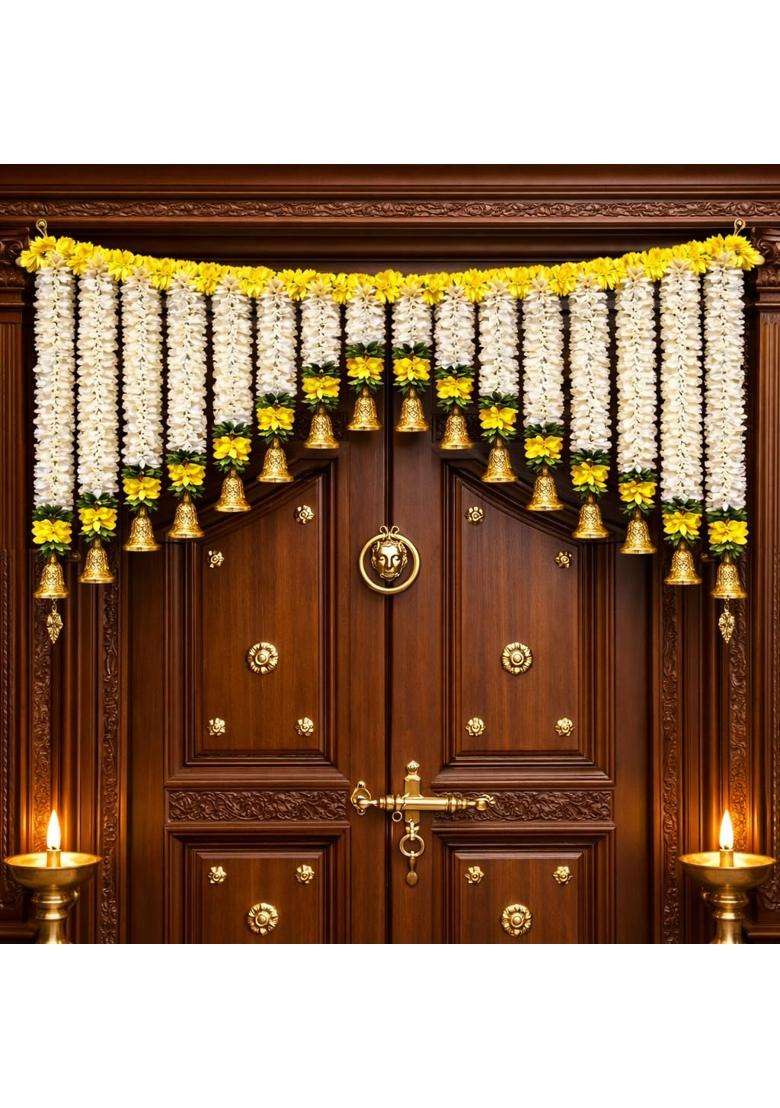 Artificial Flower Toran Door Hanging with Golden Bells White Mogra and Yellow Marigold Garland Pack of 1 - Indya