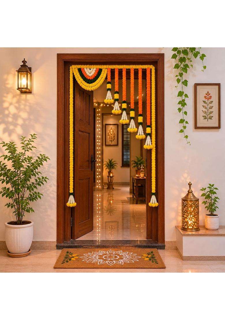 ZIG ZAG Artificial Marigold Flower Door Toran for Diwali Wedding and Festival Decor Yellow and Orange - Indya