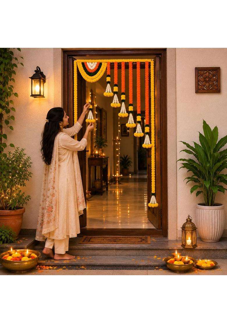 ZIG ZAG Artificial Marigold Flower Door Toran for Diwali Wedding and Festival Decor Yellow and Orange - Indya