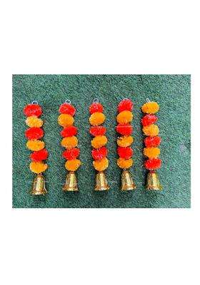 Sphinx Artificial Marigold Fluffy Flowers and Golden Silver Hanging Bells Short Garlands Torans Wall Hangings