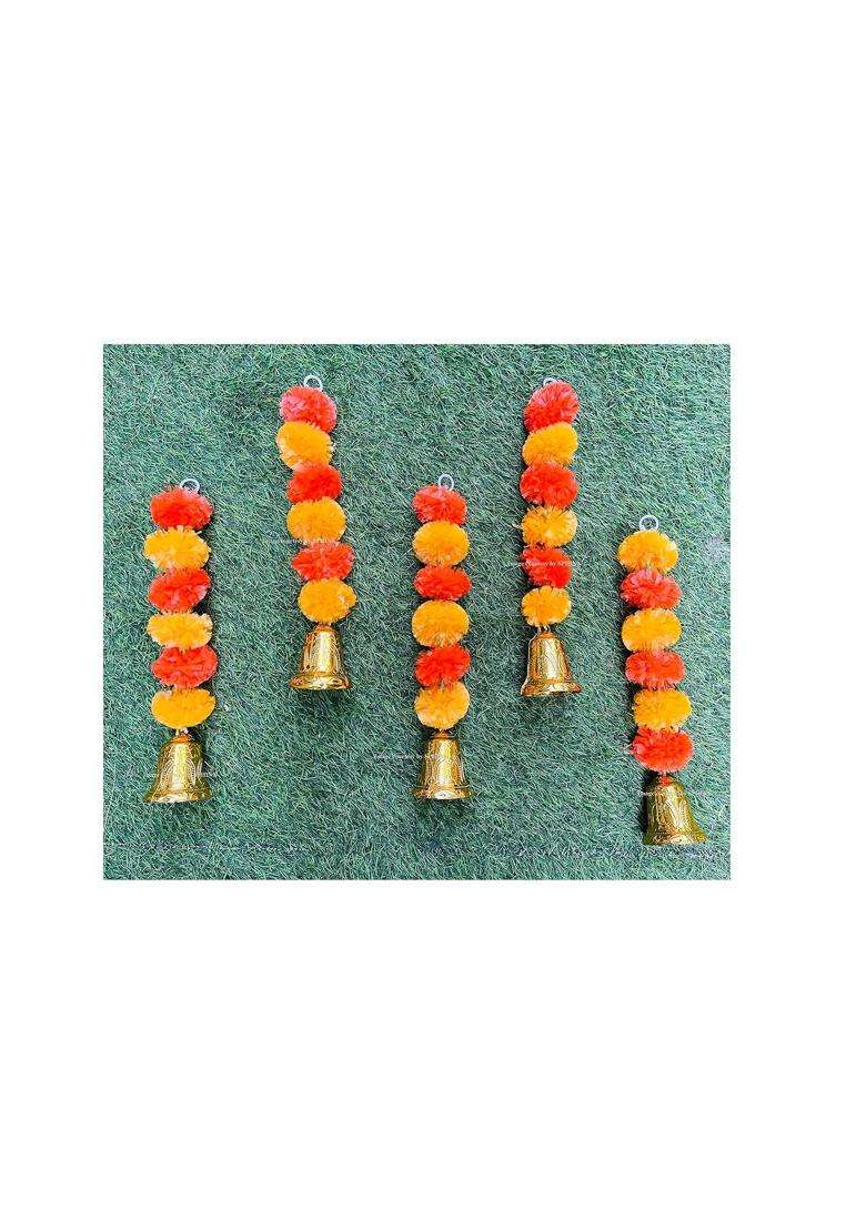 Sphinx Artificial Marigold Fluffy Flowers and Golden Silver Hanging Bells Short Garlands Torans Wall Hangings - Indya