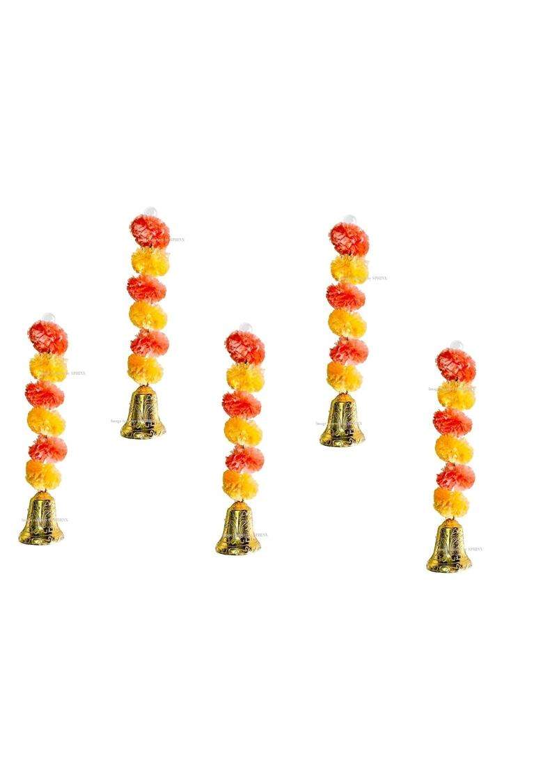 Sphinx Artificial Marigold Fluffy Flowers and Golden Silver Hanging Bells Short Garlands Torans Wall Hangings - Indya