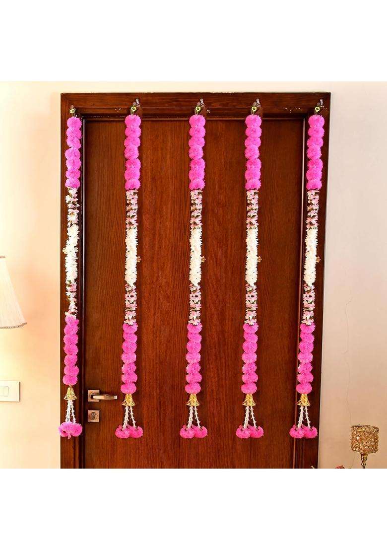 Craftvatika Artificial Fluffy Marigold Flower Mogra Jasmine Strings Hanging Latkan for Wall Door Pack of 5 - Indya