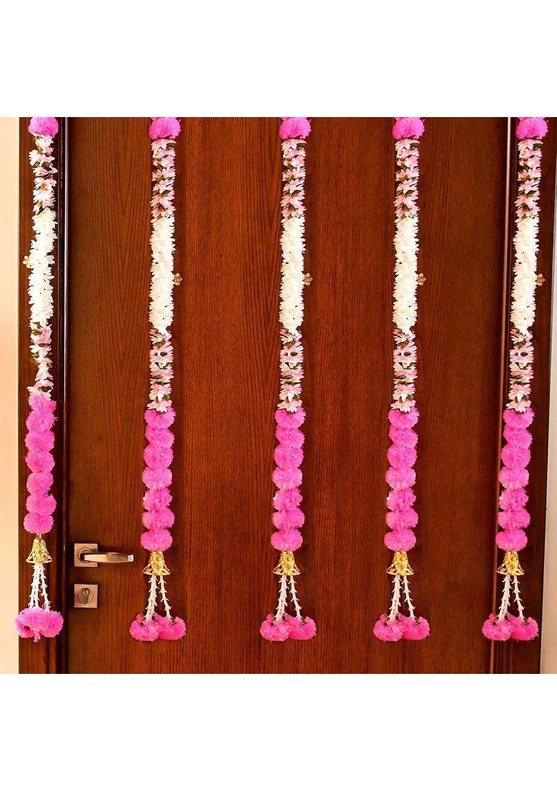 Craftvatika Artificial Fluffy Marigold Flower Mogra Jasmine Strings Hanging Latkan for Wall Door Pack of 5 - Indya