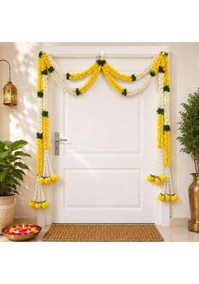 Ecraftindia Yellow and White Artificial Marigold Flower Door Toran for Main Door Entrance