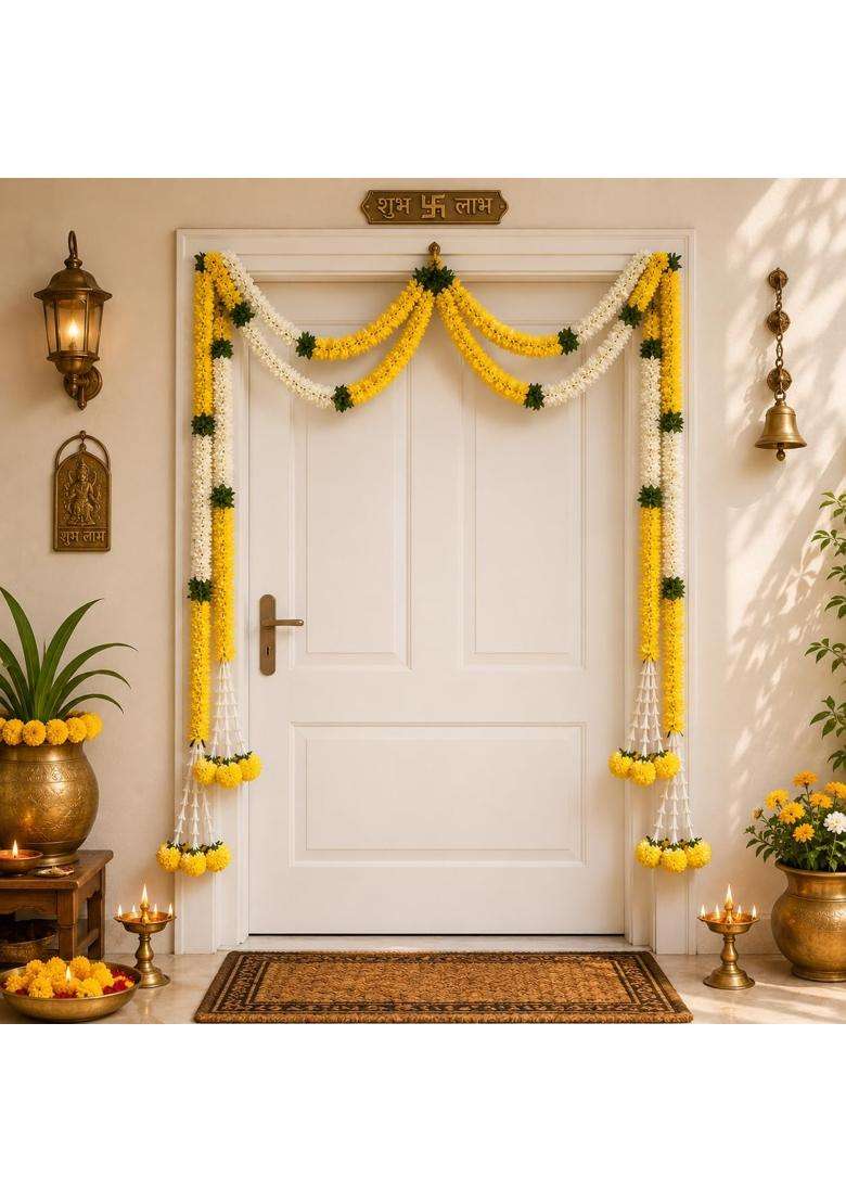 Ecraftindia Yellow and White Artificial Marigold Flower Door Toran for Main Door Entrance - Indya
