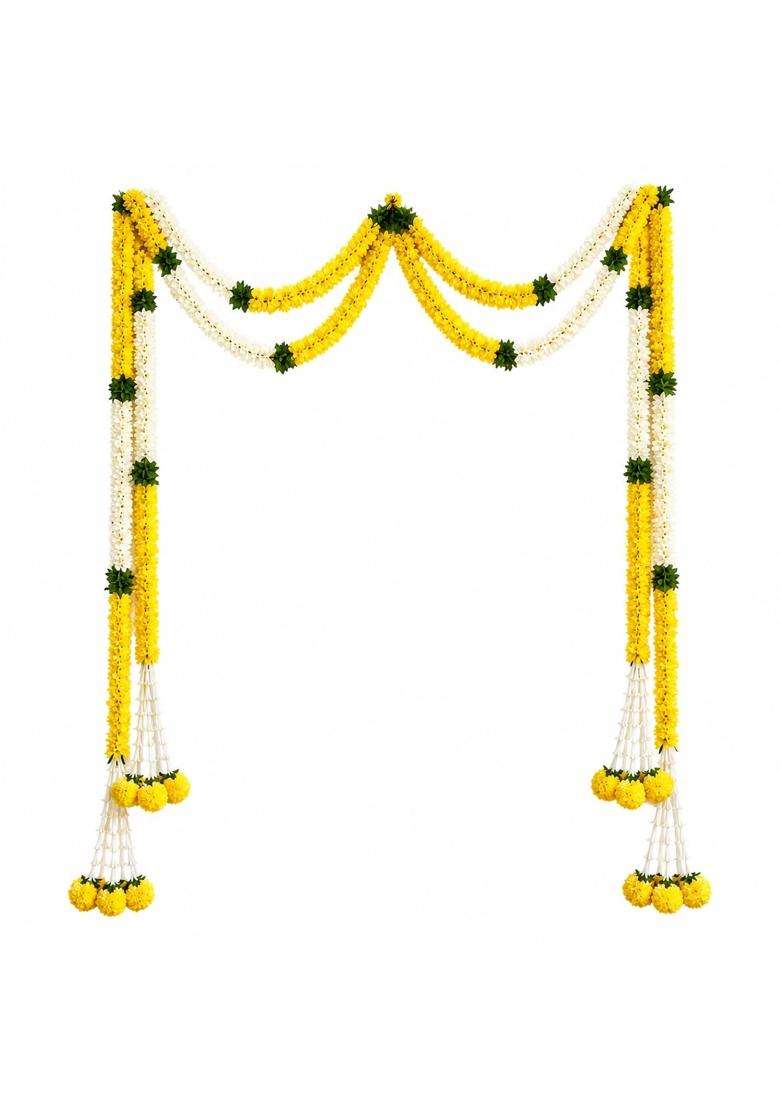 Ecraftindia Yellow and White Artificial Marigold Flower Door Toran for Main Door Entrance - Indya
