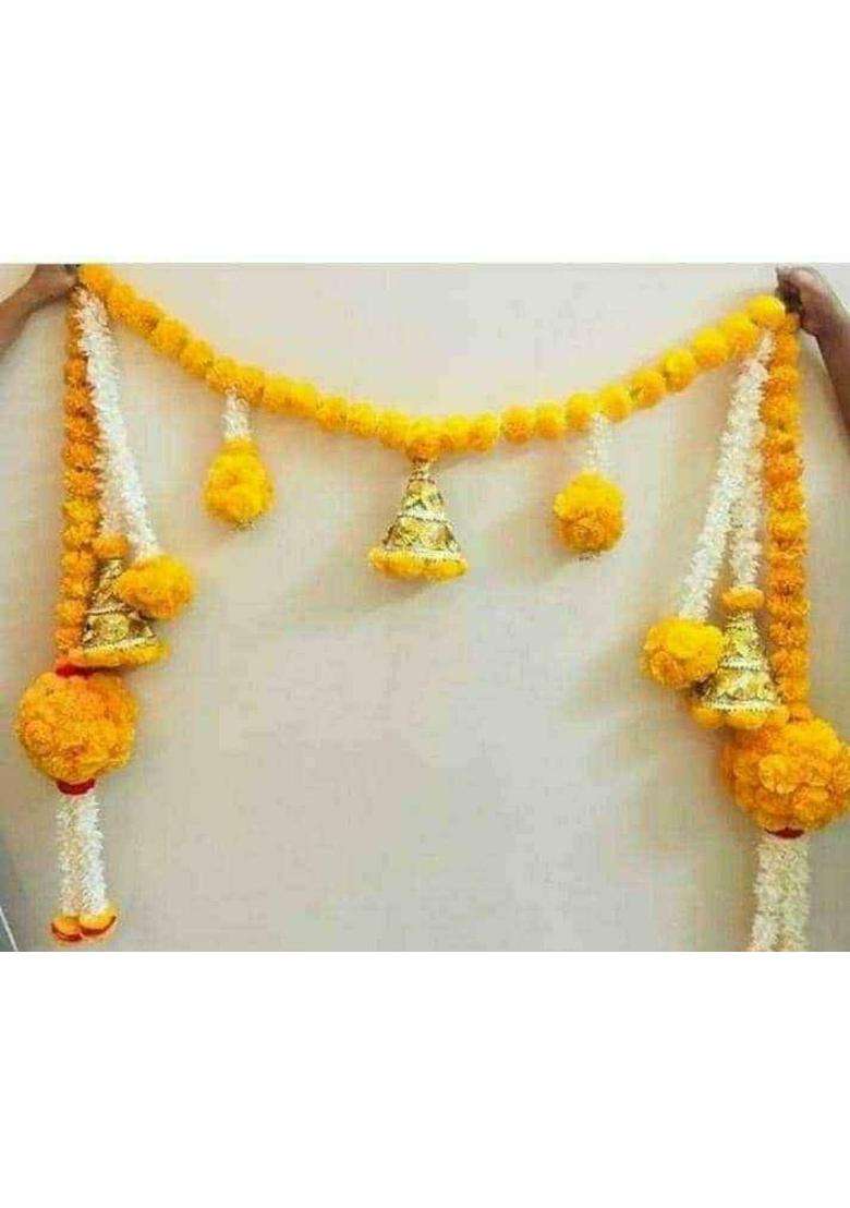 JOY Decor AB Handmade Artificial Marigold Fluffy Flower Garlands Door Toran Set Yellow - Indya