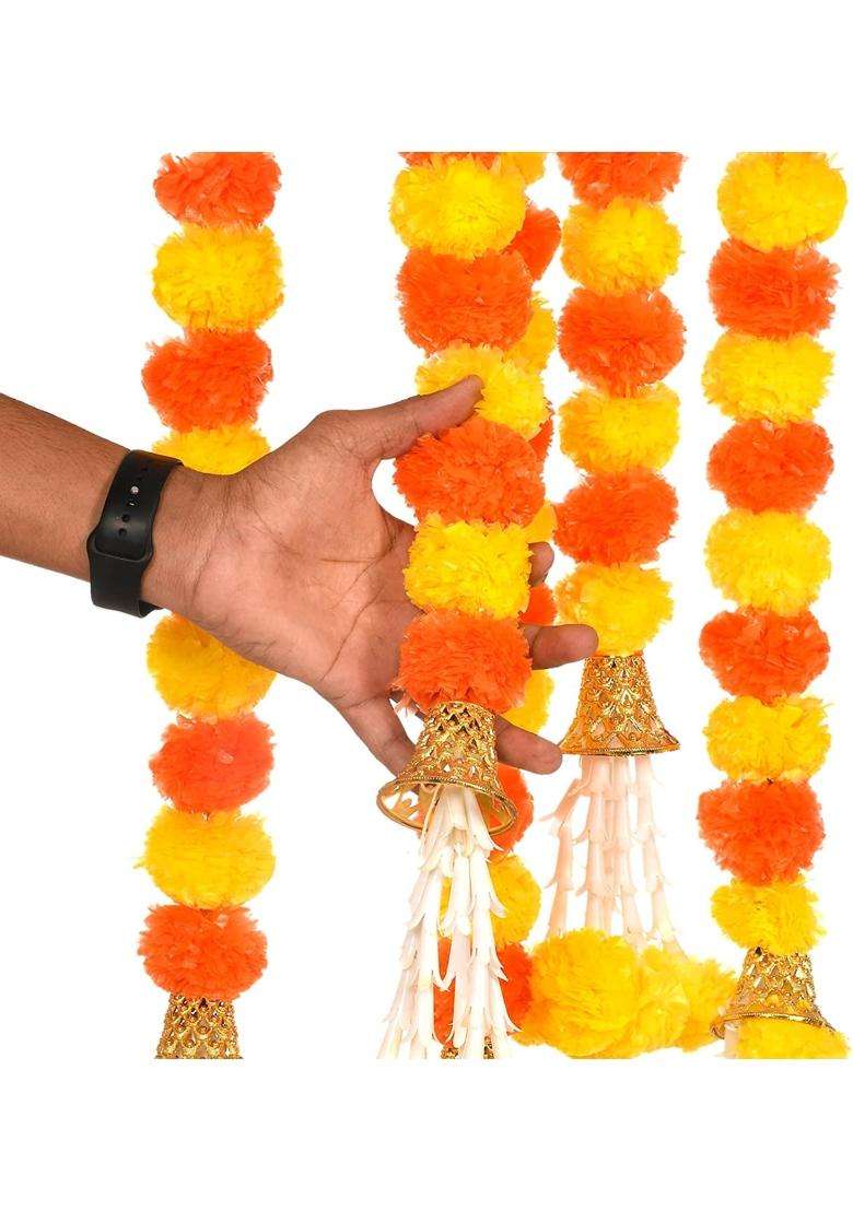 The Decor Affair 10 Pcs Artificial Orange Marigold Garland with Golden Bells - Indya