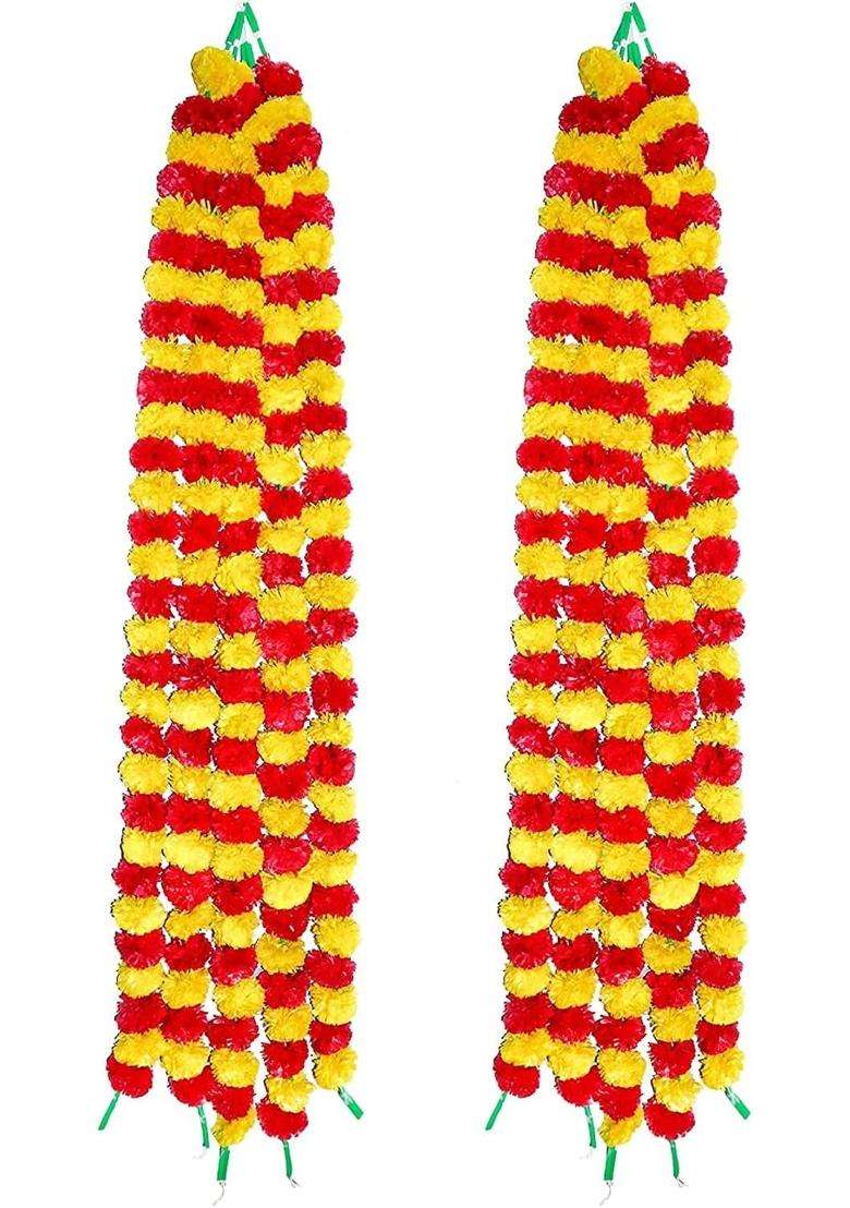 SAI Praseeda 4 and Half Feet Green Color Artificial Marigold Garland Pcs Fluffy Marigold Flowers - Indya