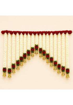 Artificial Flower Toran Door Hanging with Golden Bells White Mogra and Yellow Marigold Garland Pack of 1