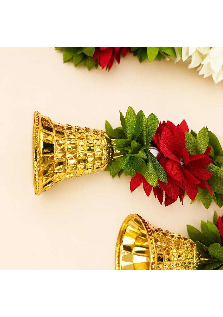 Artificial Flower Toran Door Hanging with Golden Bells White Mogra and Yellow Marigold Garland Pack of 1 - Indya