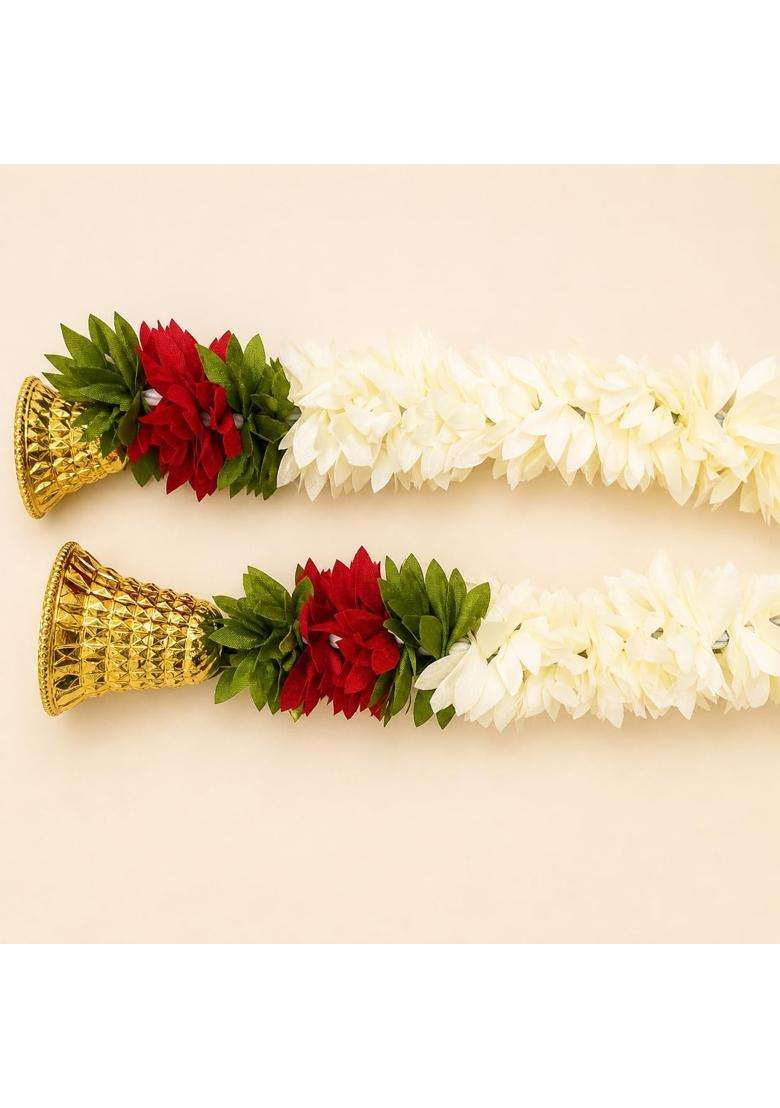 Artificial Flower Toran Door Hanging with Golden Bells White Mogra and Yellow Marigold Garland Pack of 1 - Indya