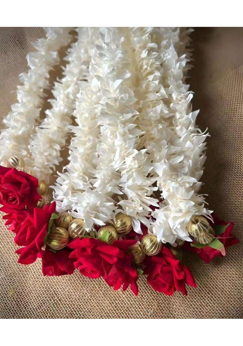 Artificial Jasmine Flower Garland with Gold Beads and Red Roses 5 Pc - Indya