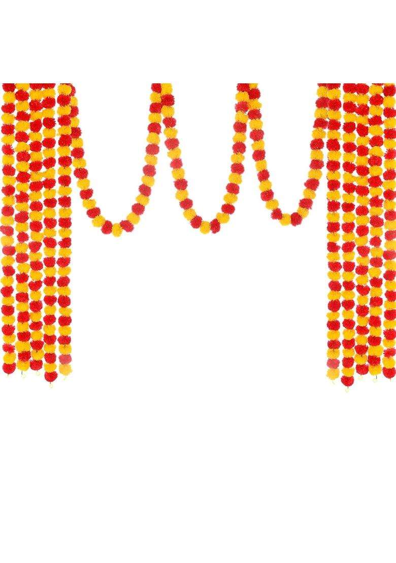 Artificial Genda Phool Mala Strings Marigold Flowers Garland for Decoration for Home Office Decor Set of 15 - Indya
