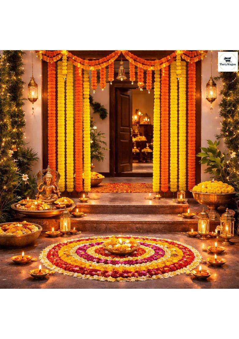 Party Wagon Artificial Genda Mala Orange and Yellow Marigold Flower Garland for Decoration Pack of 10 - Indya