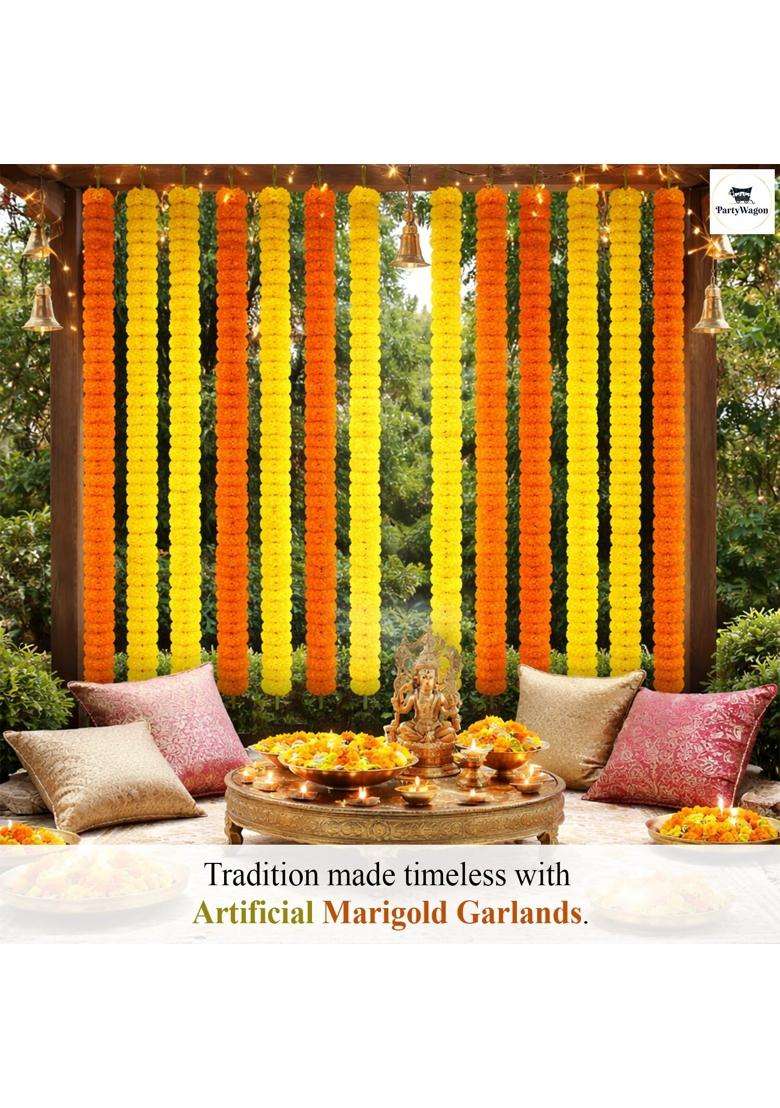 Party Wagon Artificial Genda Mala Orange and Yellow Marigold Flower Garland for Decoration Pack of 10 - Indya