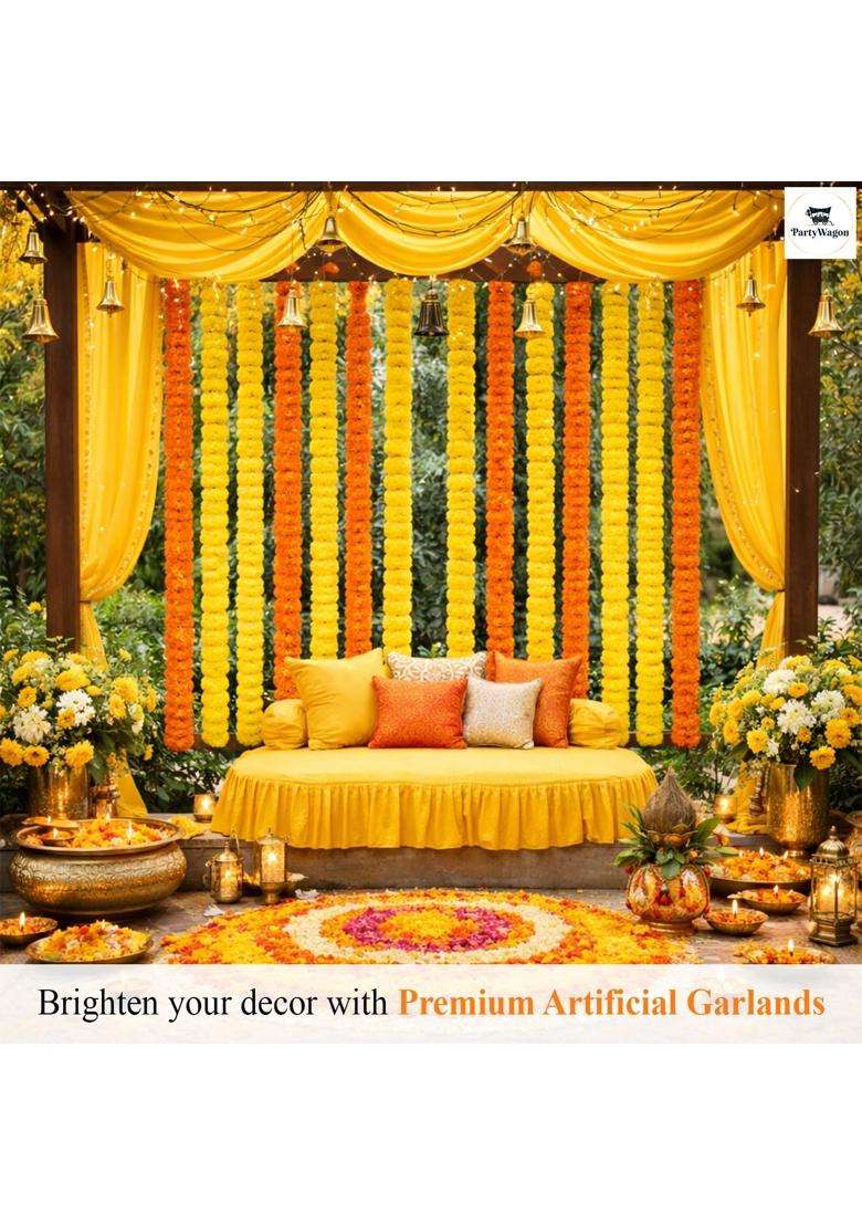 Party Wagon Artificial Genda Mala Orange and Yellow Marigold Flower Garland for Decoration Pack of 10 - Indya