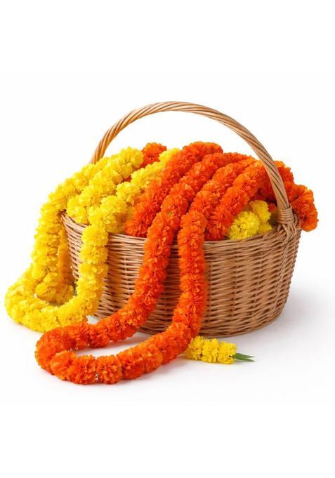 Party Wagon Artificial Genda Mala Orange and Yellow Marigold Flower Garland for Decoration Pack of 10