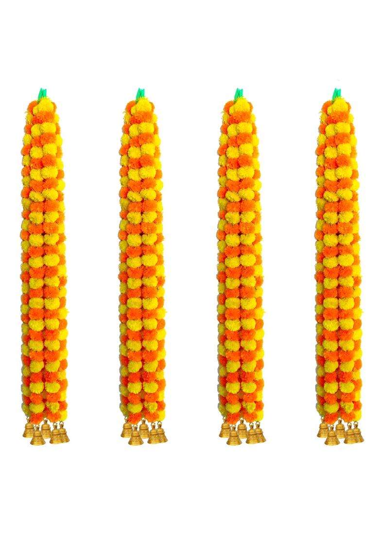 Ihandikart Artificial Marigold Flower Hanging with Brass Bells Pack of 20 - Indya