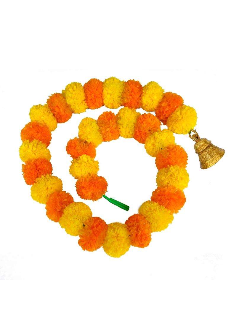 Ihandikart Artificial Marigold Flower Hanging with Brass Bells Pack of 20 - Indya
