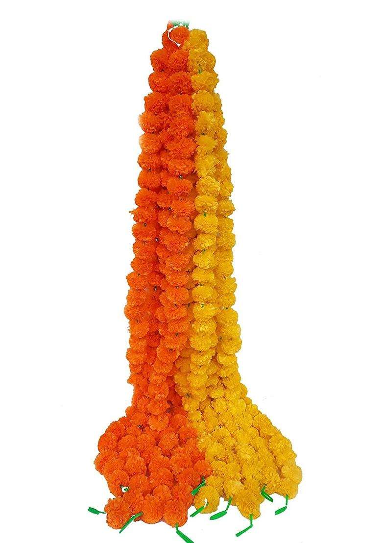 Forty Wings 10 Lemon Yellow 10 Orange Artificial Marigold Fluffy Flower Genda Phool Garlands String Pack of 20 - Indya