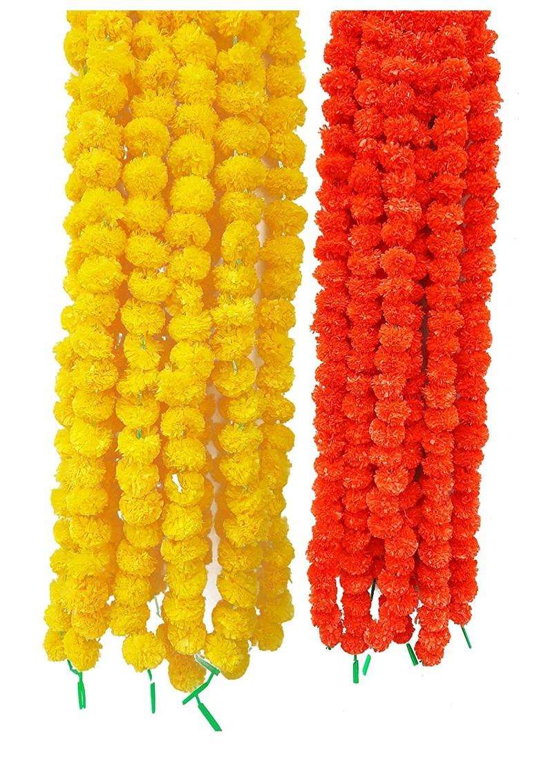 Forty Wings Set 20 Lemon Yellow Dark Orange Artificial Marigold Fluffy Flower Genda Phool Garlands String - Indya