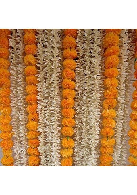 Urvi Creations 5 Pieces Artificial Marigold and 10 Pieces Jasmine Flowers Garlands String 5 Feet Yellow