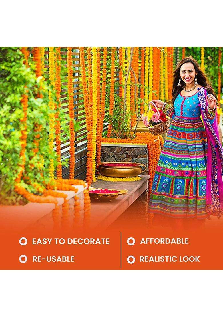 The Decor Affair 4 Long Strands Artificial Marigold Flowers for Indian Decor Pooja Weddings Set of 10 - Indya