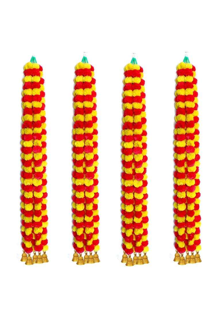 SVDK Handmade Decorative Marigold Artificial Flower Fluffy Garland with Bell Pack of 20 - Indya