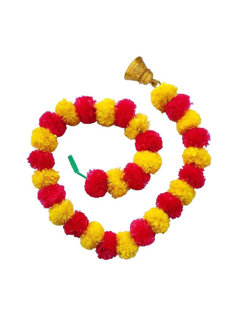 SVDK Handmade Decorative Marigold Artificial Flower Fluffy Garland with Bell Pack of 20 - Indya