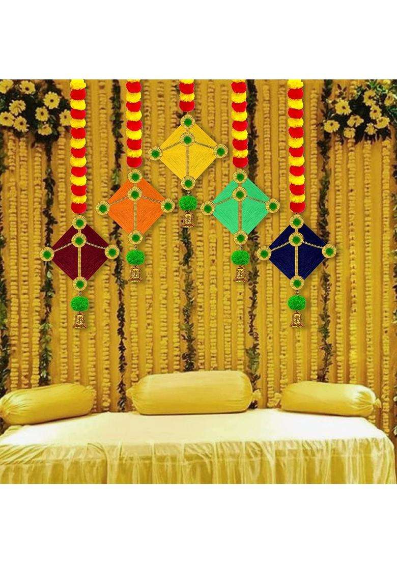 The Decor Affair Handmade Artificial Marigold Flowers Woolen Hanging Kite Pack of 5 - Indya