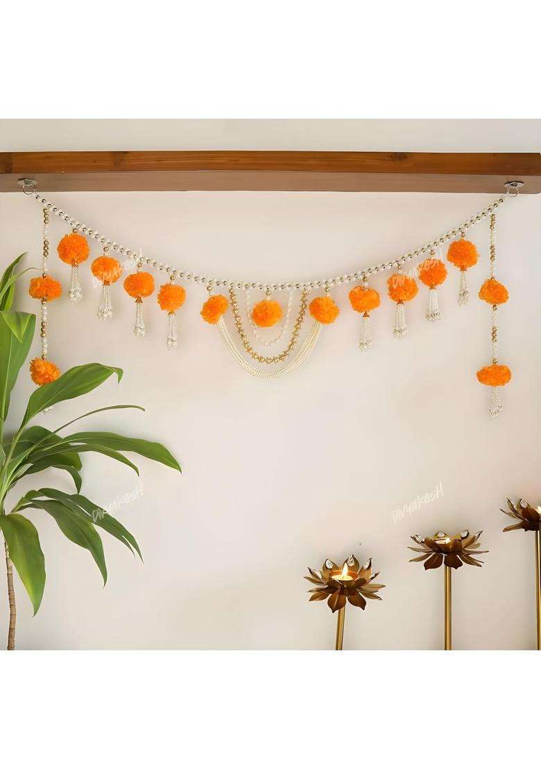 Divyakosh Fabric and Beads Marigold Flower with Moti Toran Size 4 Ft 48 Inch Bandarwal Door Hanging - Indya
