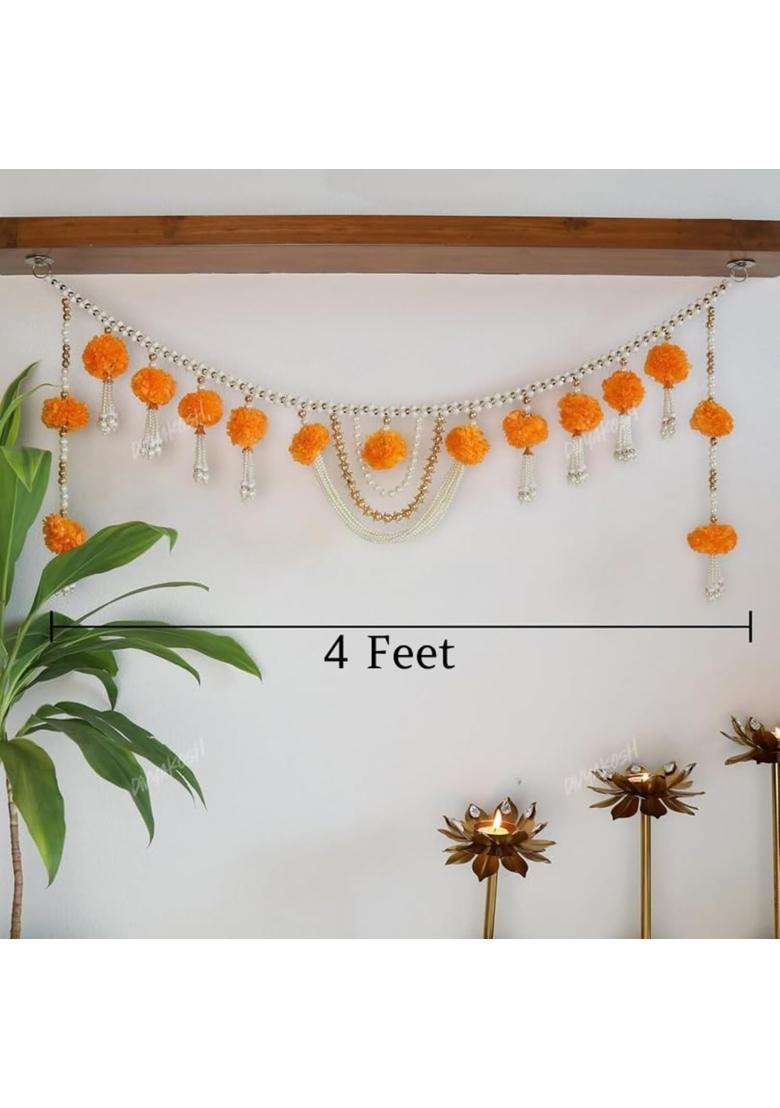 Divyakosh Fabric and Beads Marigold Flower with Moti Toran Size 4 Ft 48 Inch Bandarwal Door Hanging - Indya