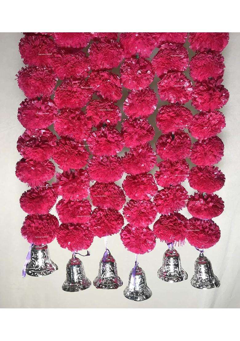 Sphinx Artificial Marigold Fluffy Flowers and Golden Silver Hanging Bells Short Garlands Torans Wall Hangings - Indya
