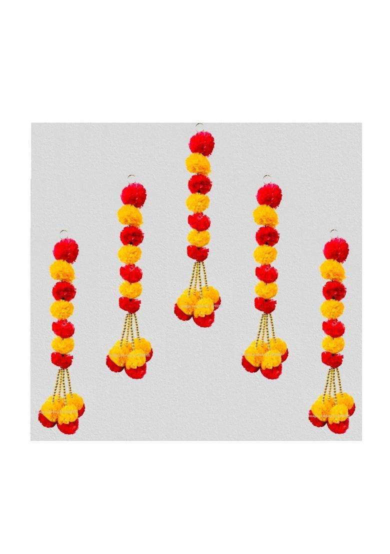 Sphinx Artificial Marigold Fluffy Flowers and Golden Pearls Beads Clustered Garlands Strings Latkans - Indya