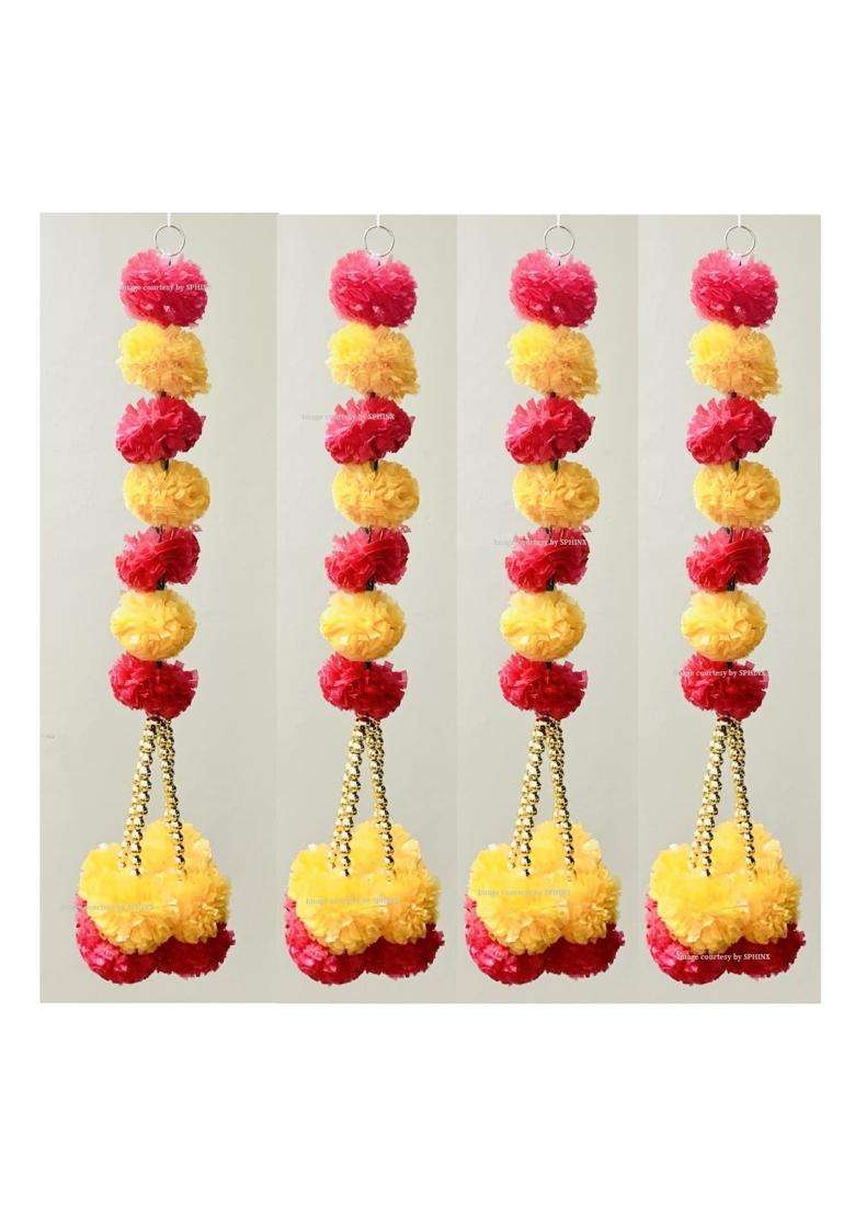 Sphinx Artificial Marigold Fluffy Flowers and Golden Pearls Beads Clustered Garlands Strings Latkans - Indya