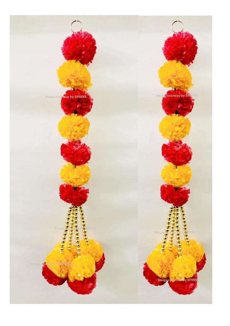 Sphinx Artificial Marigold Fluffy Flowers and Golden Pearls Beads Clustered Garlands Strings Latkans - Indya