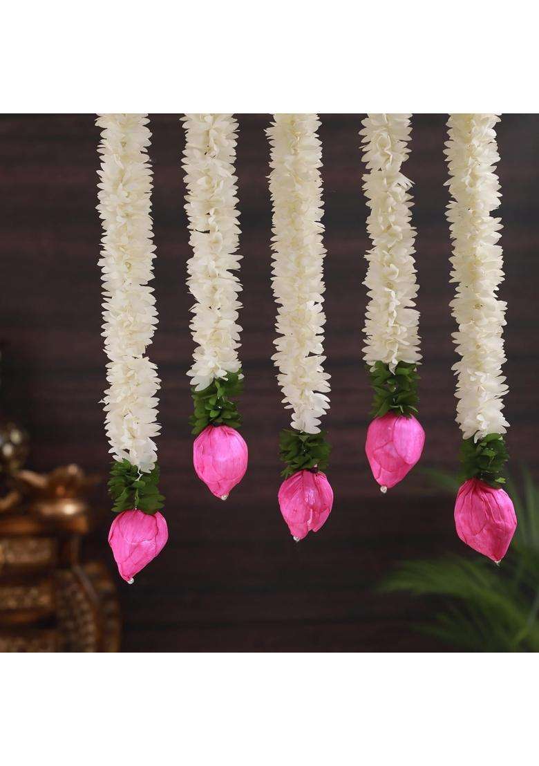 The Decor Affair Artificial Mogra Jasmine Garland Wall Hanging with Lotus Buds for Pooja Decoration - Indya