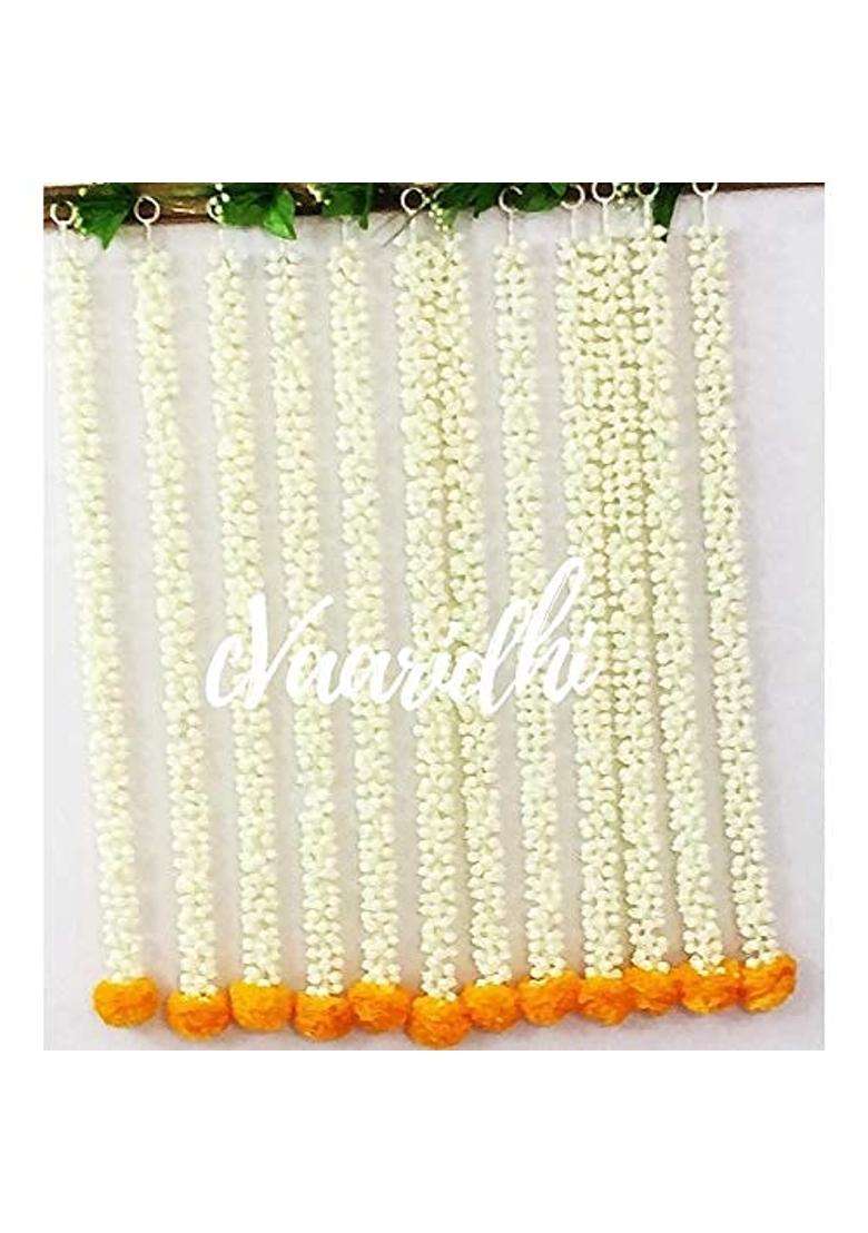 Vaaridhi Mogra Garlands 4 Ft Long with Marigold Flower for Indian Wedding Decoration Pack of 8 - Indya