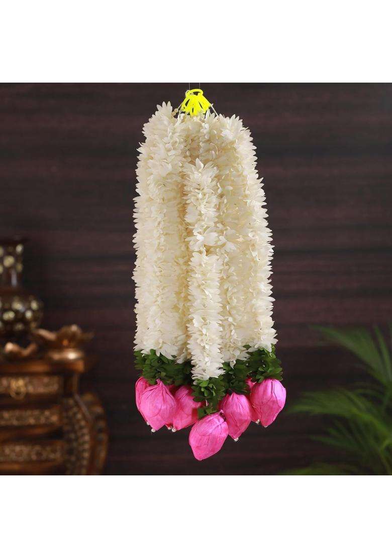 The Decor Affair 10 Artificial Mogra Jasmine Garlands with Lotus Buds for Pooja Decoration - Indya