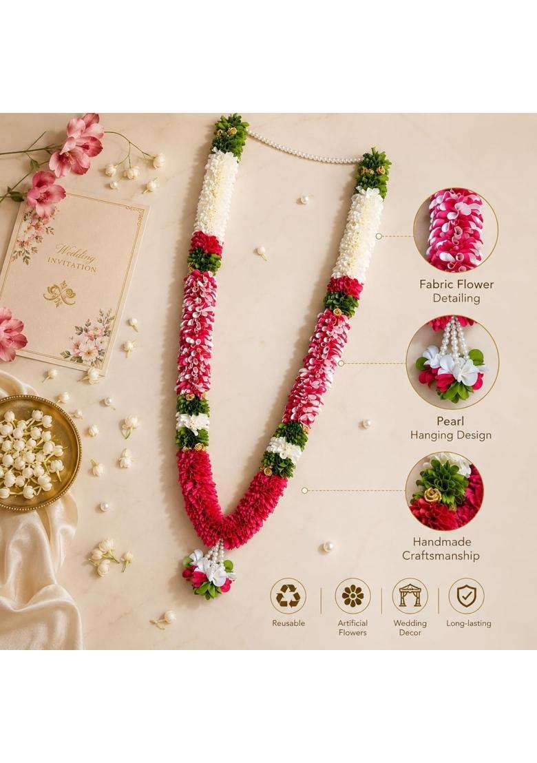 Pink Premium Artificial Flower Mala for Wedding Pooja and Traditional Decorations - Indya