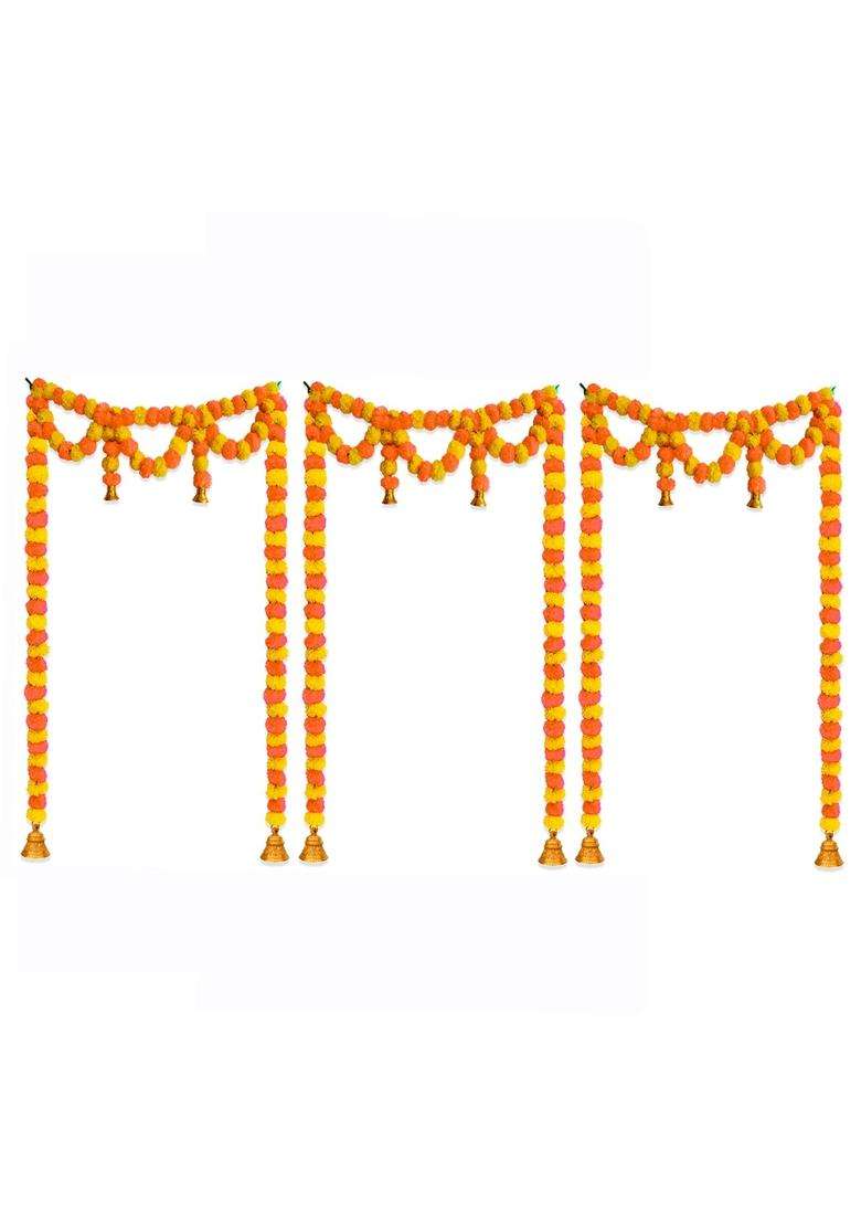 Ihandikart Marigold Artificial Fluffy Flowers Door Hanging Bandanwar for Office Home Diwali Pack of 3 - Indya