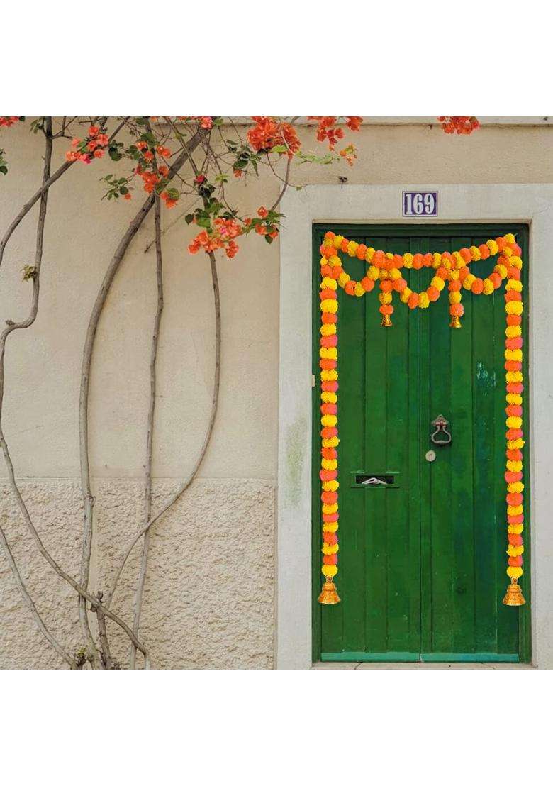 Ihandikart Marigold Artificial Fluffy Flowers Door Hanging Bandanwar for Office Home Diwali Pack of 3 - Indya