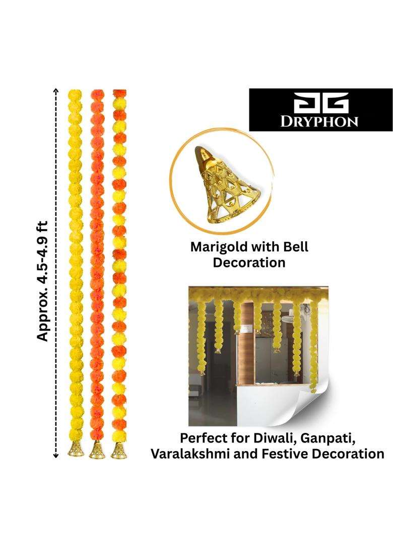 Dryphon Marigold Garlands Decoration with Bell Artificial Flowers for Decorations Hanging Garlands Pack of 20 - Indya