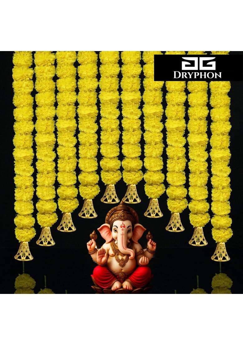 Dryphon Marigold Garlands Decoration with Bell Artificial Flowers for Decorations Hanging Garlands Pack of 20 - Indya