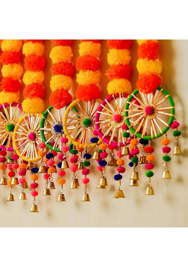 Ecraftindia Artificial Marigold Flowers Hangings with Bangles Ringing Bells Pack of 10 - Indya