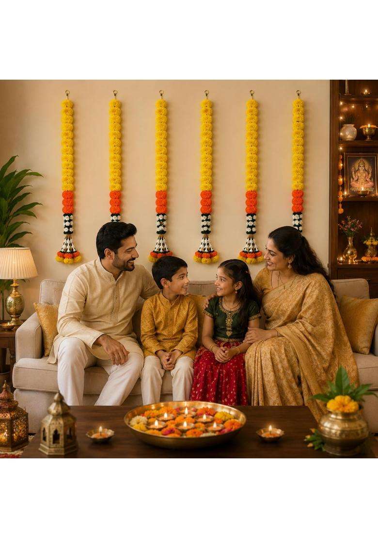 Tia Crafts Artificial Marigold Handmade Fluffy Flower Toran for Main Door with Jasmine and Bell Festival - Indya